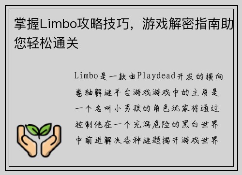 掌握Limbo攻略技巧，游戏解密指南助您轻松通关